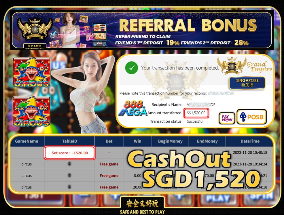 MEGA888 - CIRCUS CASHOUT SGD1520 !!!