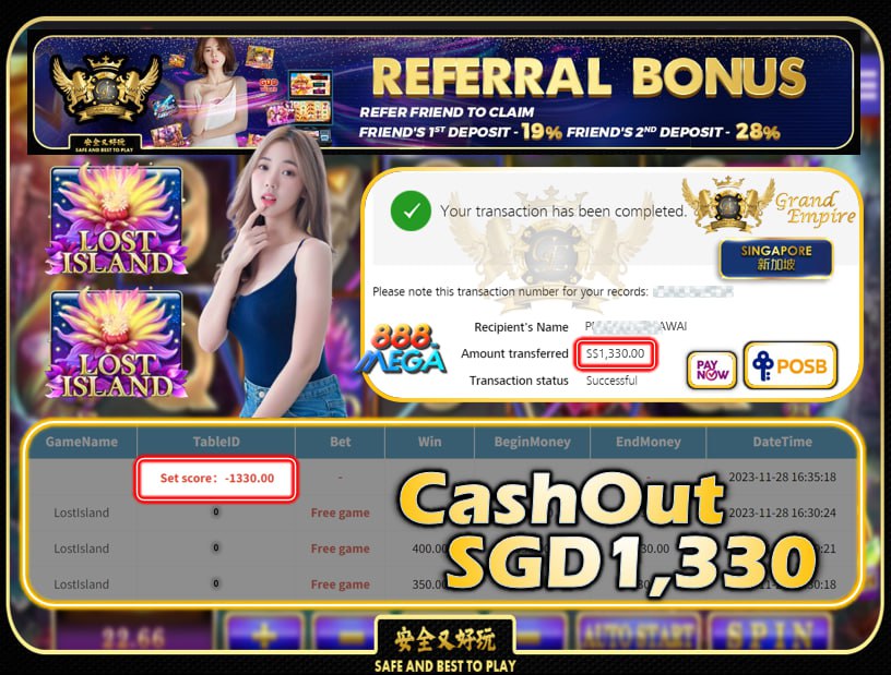 MEGA888 - LOST ISLAND CASHOUT SGD1330 !!!