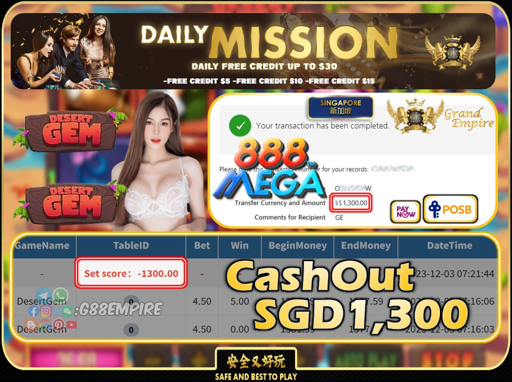 MEGA888 - DESERTGEM CASHOUT SGD1300 !!!