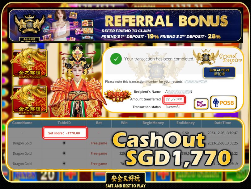 PUSSY888 - DRAGONGOLD CASHOUT SGD1770 !!!