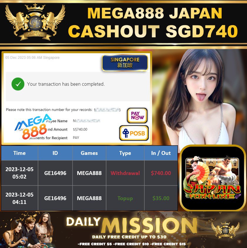 MEGA888 - JAPAN - CASHOUT 740SGD !!