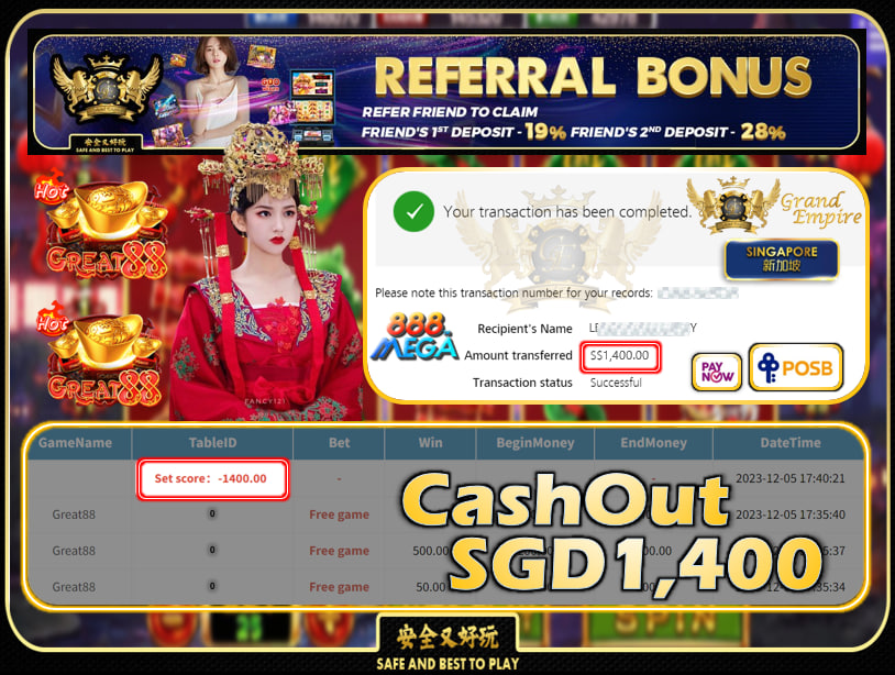 MEGA888 - GREAT88 CASHOUT SGD1400 !!!