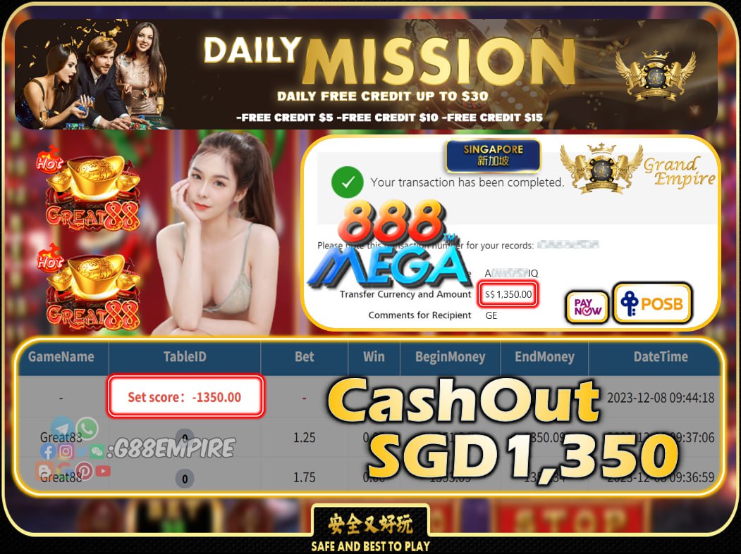 MEGA888 - GREAT88 CASHOUT SGD1350 !!!