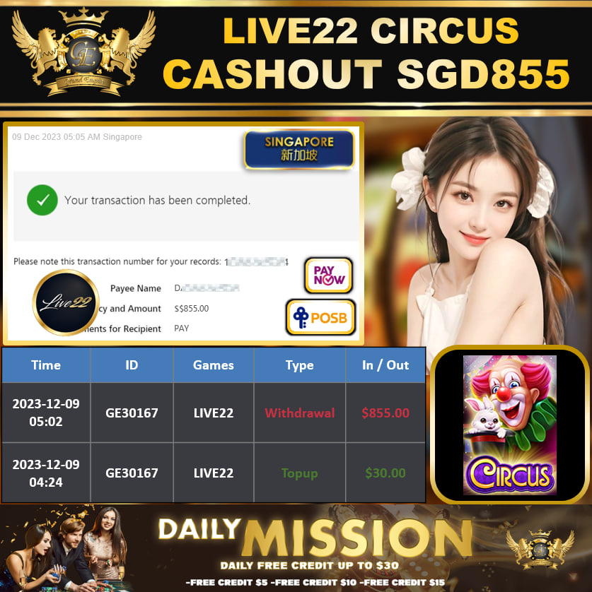 LIVE22 - CIRCUS - CASHOUT SGD855 !!