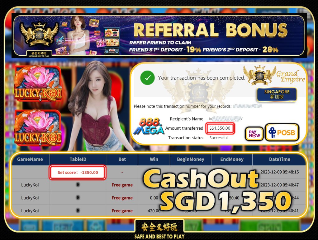 MEGA888 - LUCKY KOI  CASHOUT SGD1350 !!!