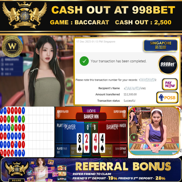 998BET  - BACCARAT  CASHOUT SGD2,500 !!!