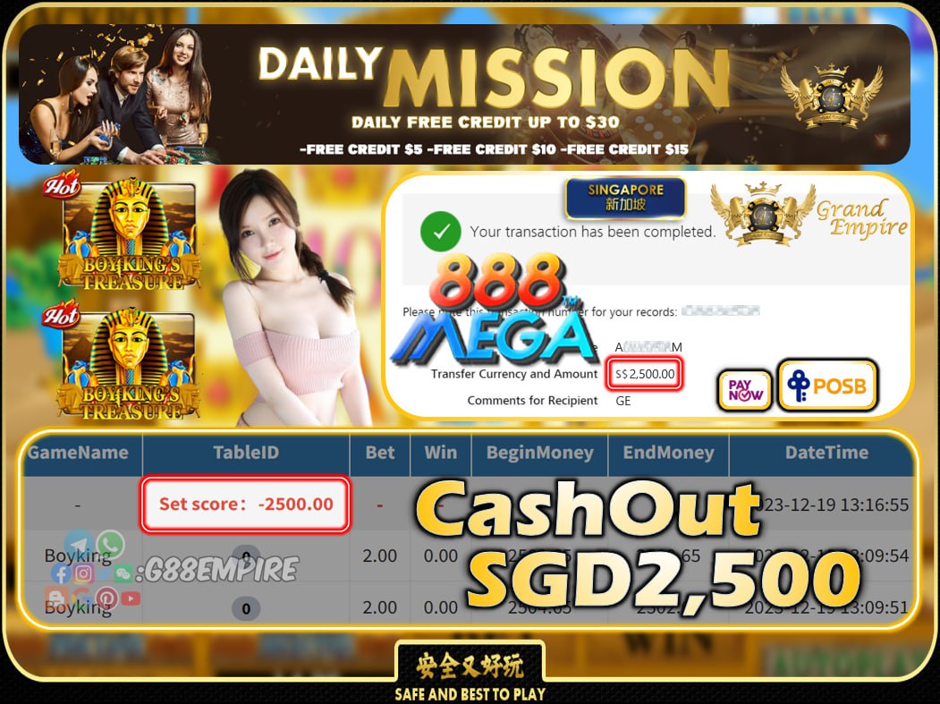 MEGA888  - BOYKING  CASHOUT SGD2,500 !!!