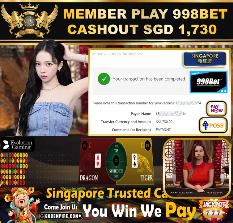 998BET - DRAGONTIGER CASHOUT SGD1730 !!!