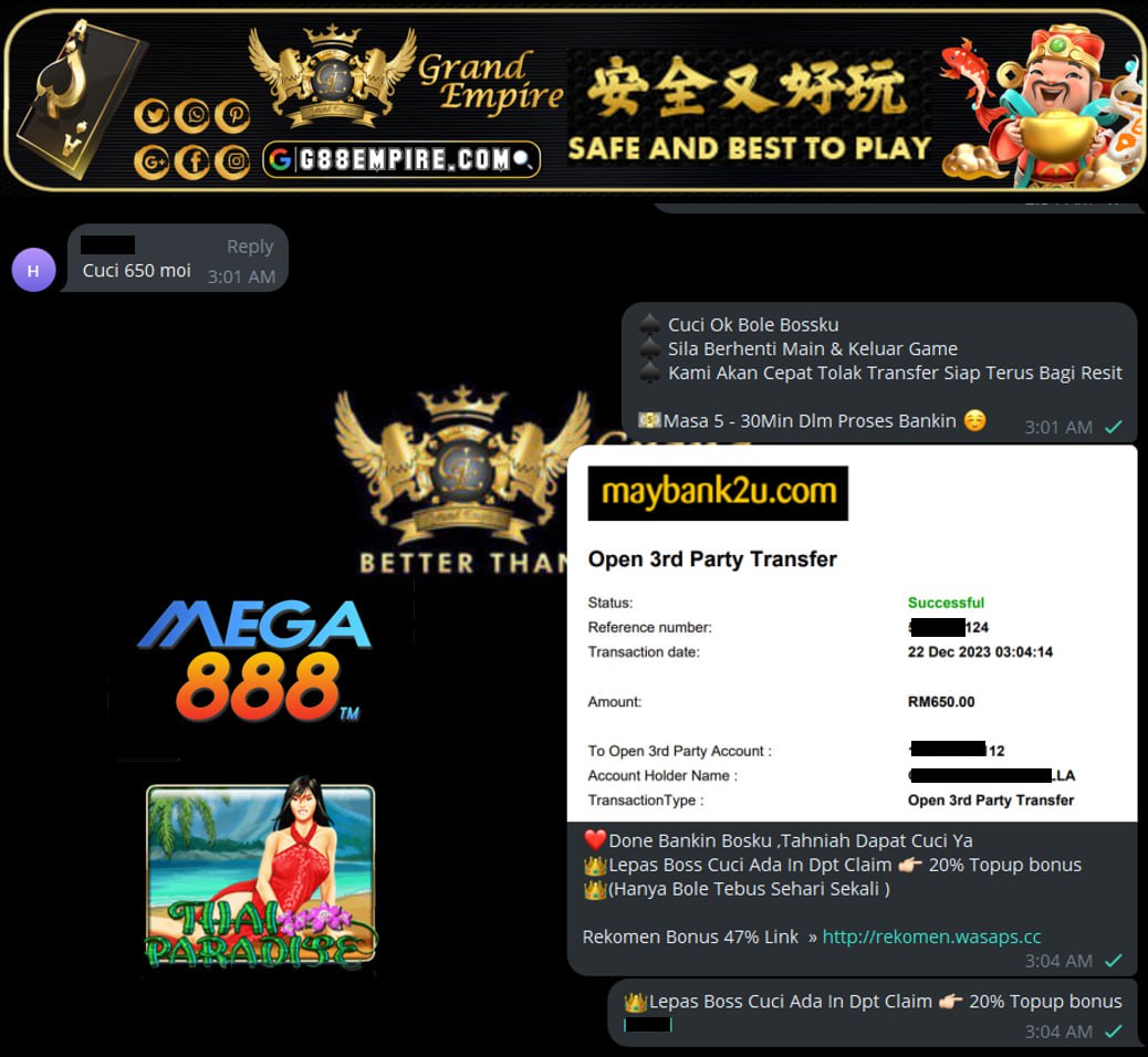 MEGA888 THAI PARADISE CUCI RM650!!!