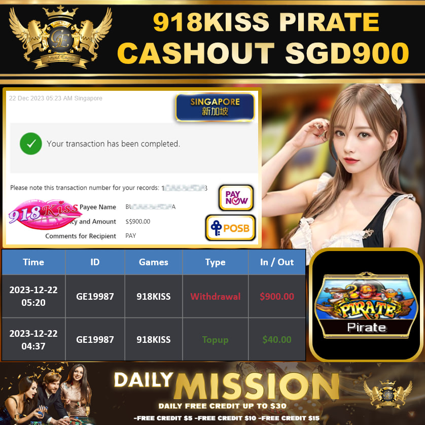 918KISS - PIRATE CASHOUT SGD900 !!!