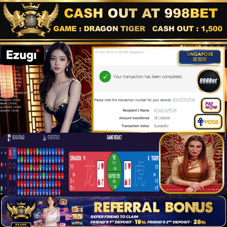 998BET - DRAGONTIGER CASHOUT SGD1500 !!!