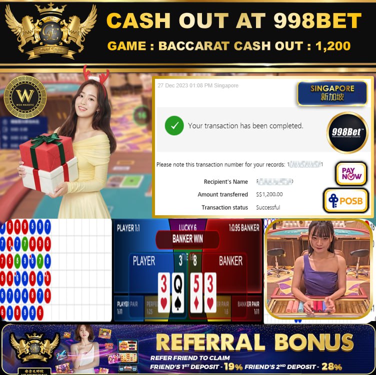 998BET - BACCARAT - CASHOUT SGD1,200 !!!