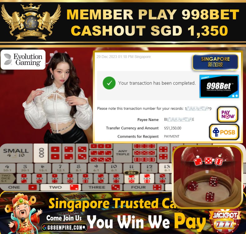 998BET - SICBO - CASHOUT SGD1,350 !!!