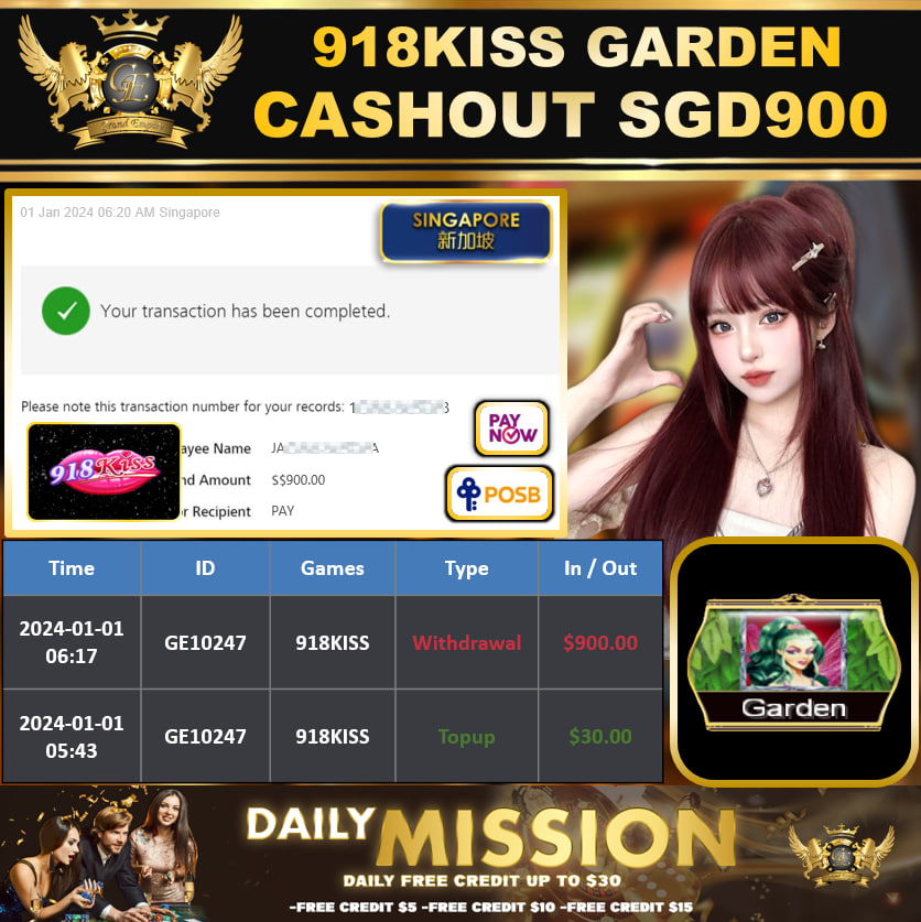 918KISS - GARDEN CASHOUT SGD900 !!!