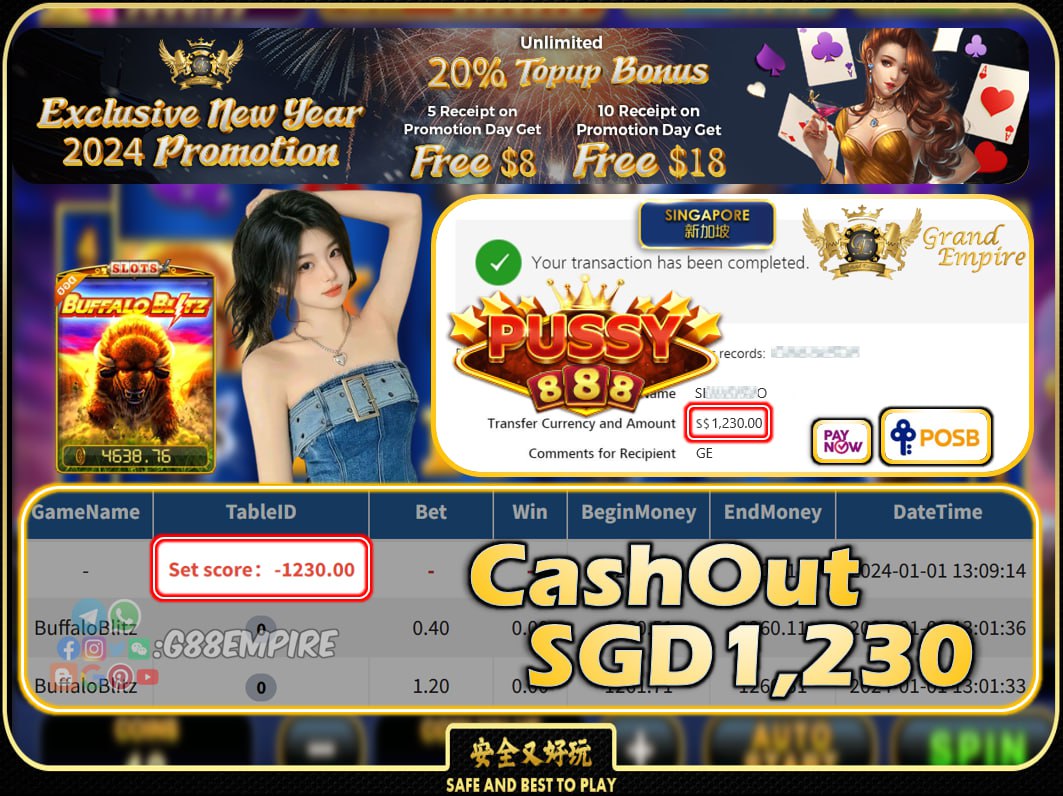 PUSSY888 - BUFFALOBLITZ CASHOUT SGD1,230 !!!
