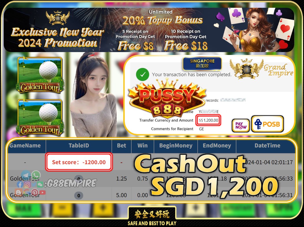 PUSSY888 - GOLDENTOUR CASHOUT SGD1,200 !!!