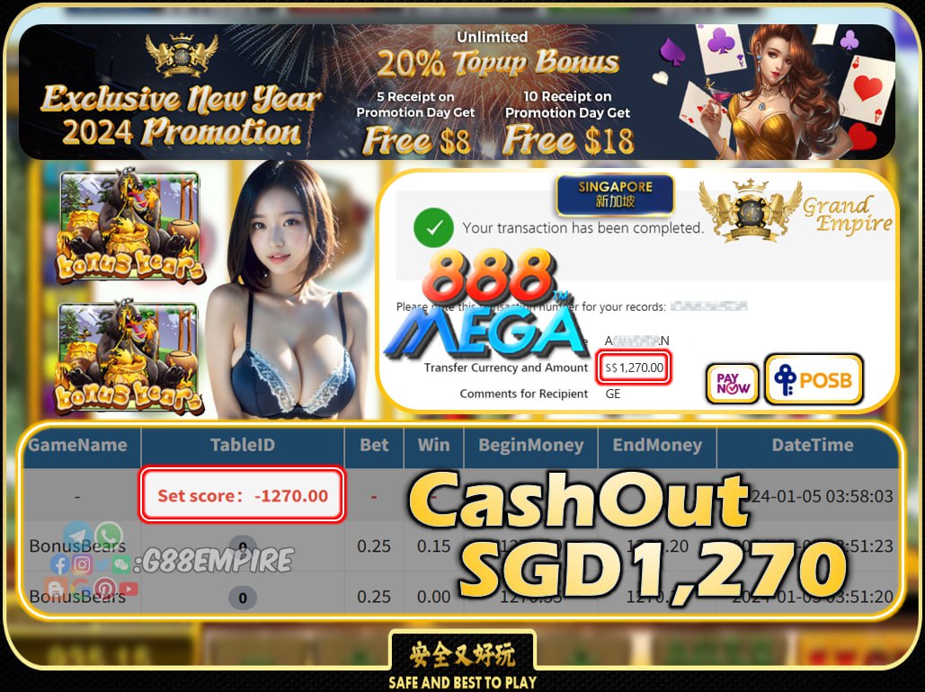 MEGA888 - BONUSBEARS CASHOUT SGD1270 !!!