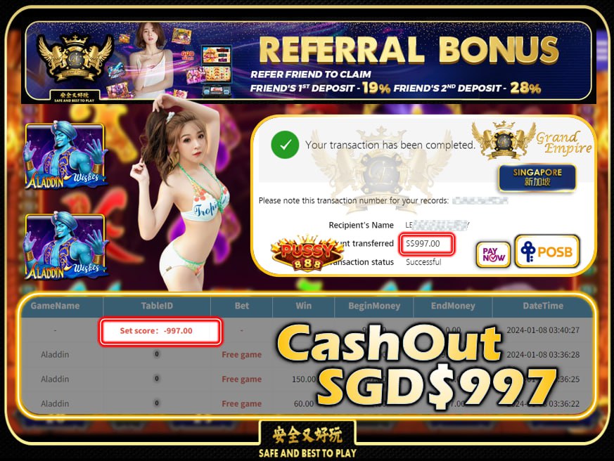 PUSSY888 - ALADDIN - CASHOUT SGD997 !!!