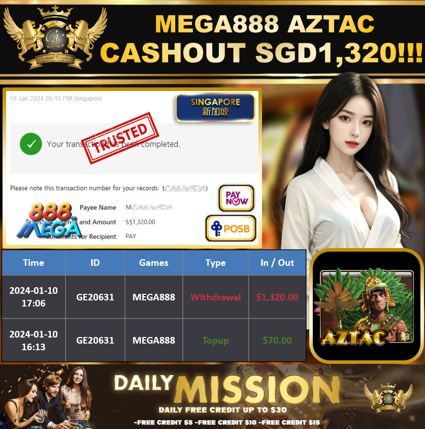 MEGA888 - AZTAC CASHOUT SGD1320 !!!