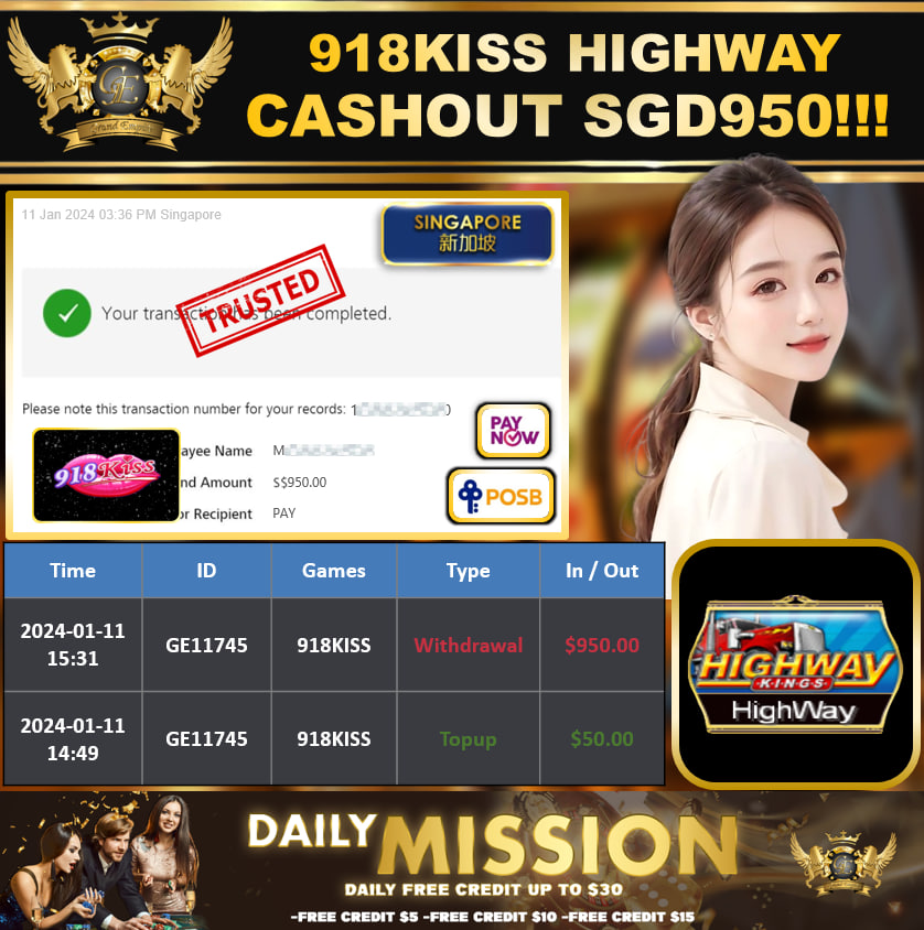 918KISS - HIGHWAY CASHOUT SGD950 !!!