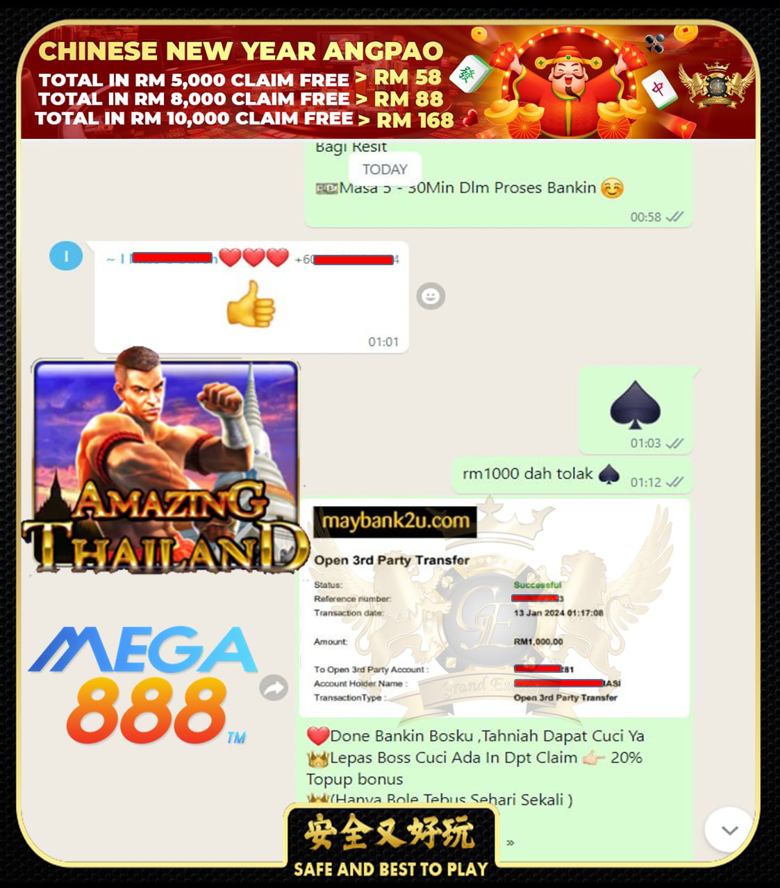 MEGA888 AMAZING THAILAND CUCI RM1,000!!!