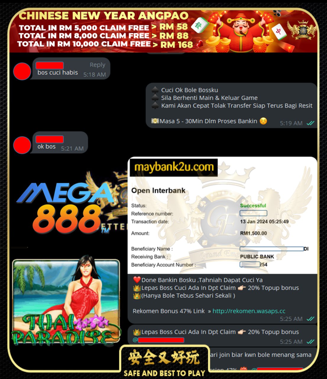 MEGA888 THAI PARADISE CUCI RM1,500!!!