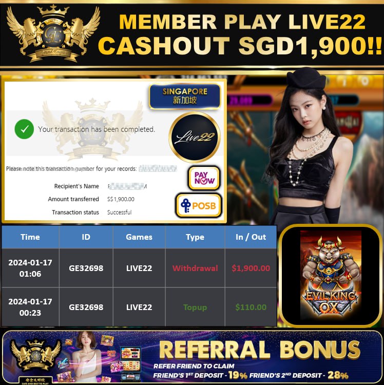 LIVE22 - EVILKING CASHOUT SGD1900 !!!