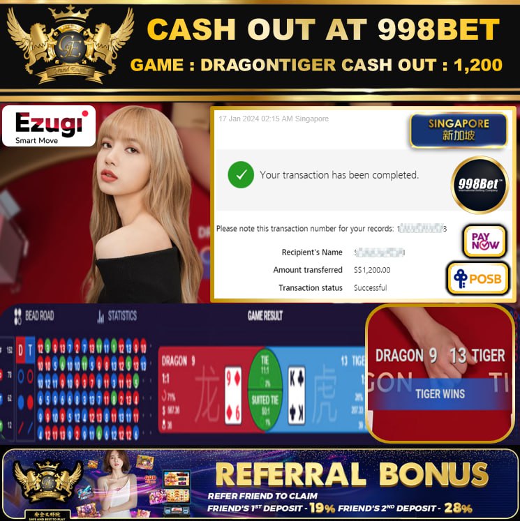 998BET - DRAGONTIGER CASHOUT SGD1200 !!!