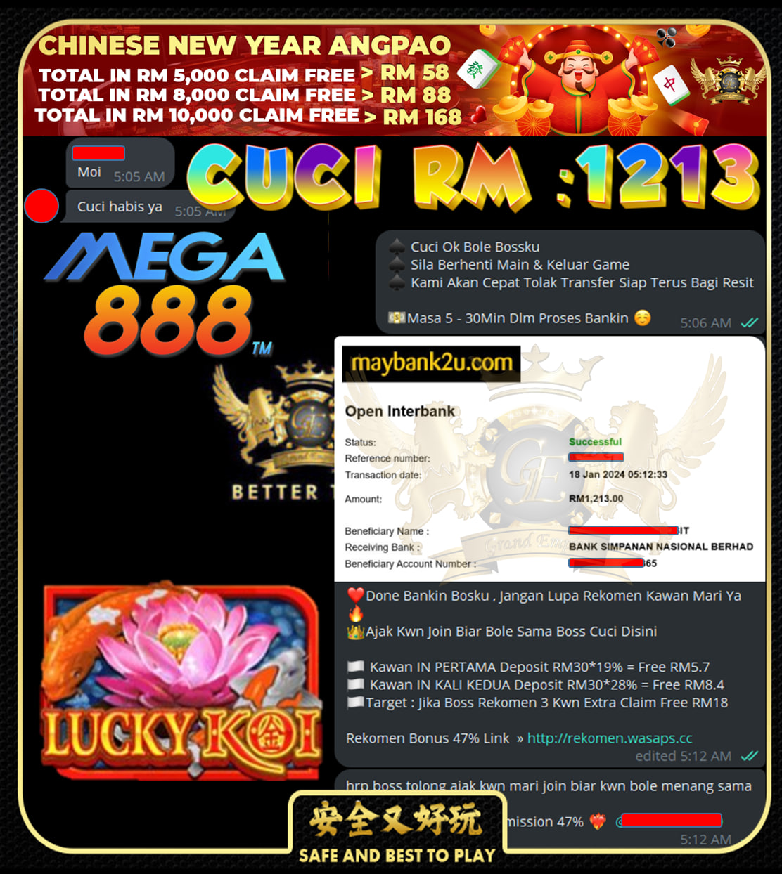 MEGA888 LUCKYKOI CUCI RM1213!!!