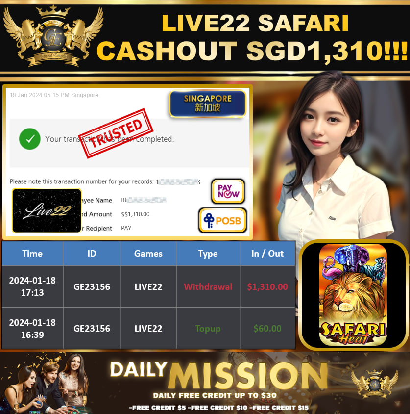 LIVE22 - SAFARI CASHOUT SGD1,310 !!!