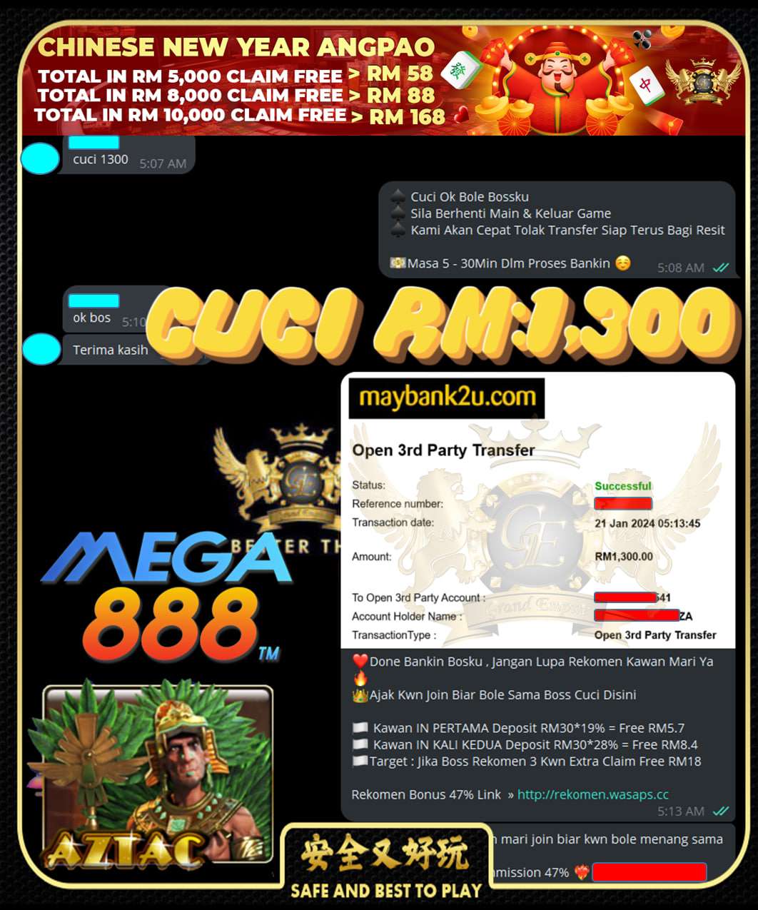 MEGA888 AZTAC CUCI RM1,300!!!