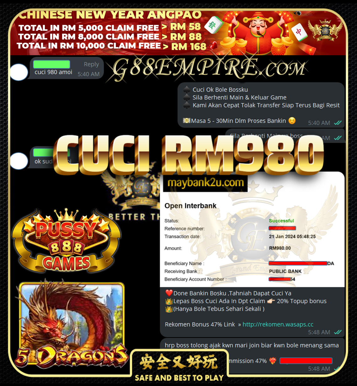 PUSSY888 FIVEDRAGON CUCI RM980!!!