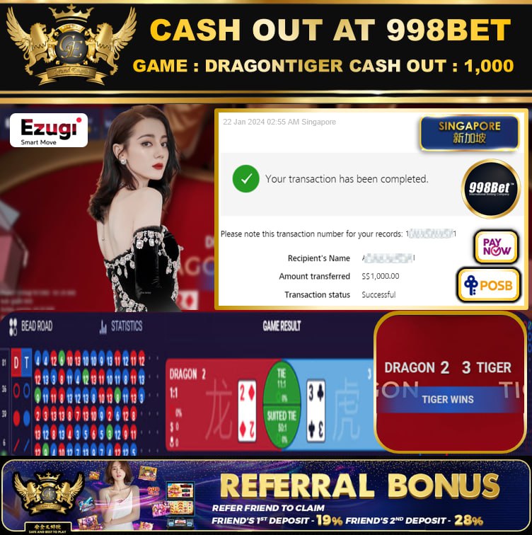 998BET - DRAGONTIGER CASHOUT SGD1,000 !!!