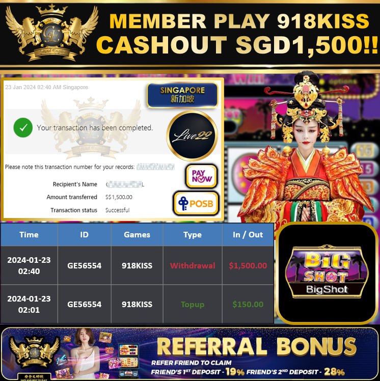 918KKISS - BIGSHOT CASHOUT SGD1,500 !!!