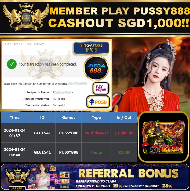 PUSSY888 - THREEKINGDOM CASHOUT SGD1,000 !!!