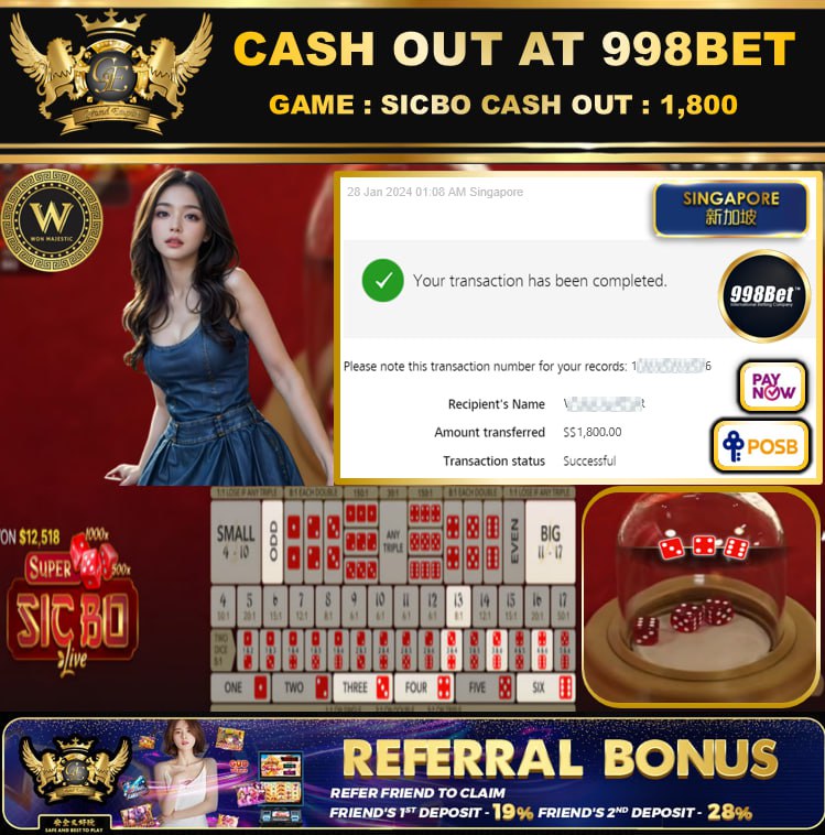 998BET - SICBO CASHOUT SGD1800 !!!