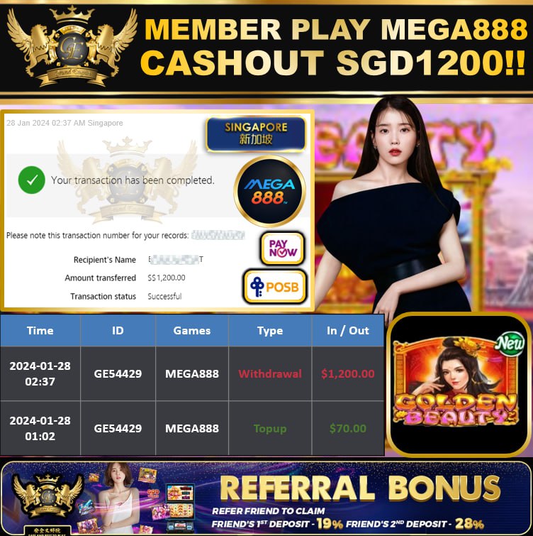 MEGA888 - GOLDENBEAUTY CASHOUT SGD1200 !!!