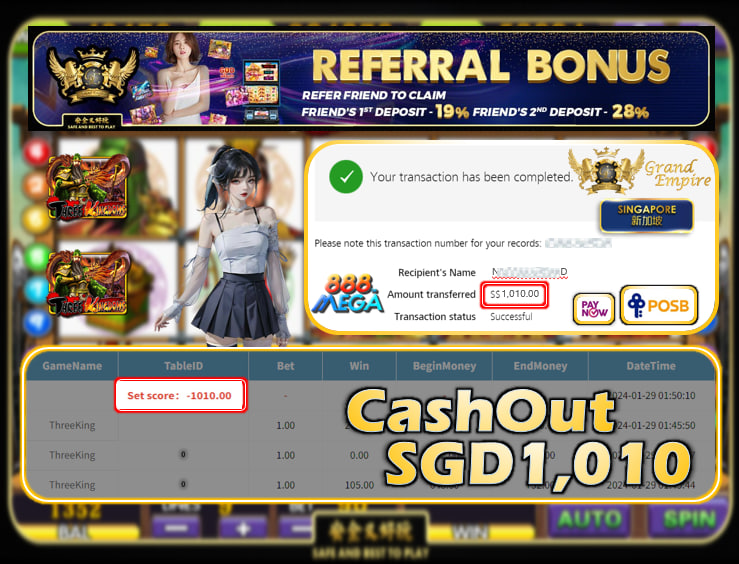 MEGA888 - THREEKING CASHOUT SGD 1010 !!!