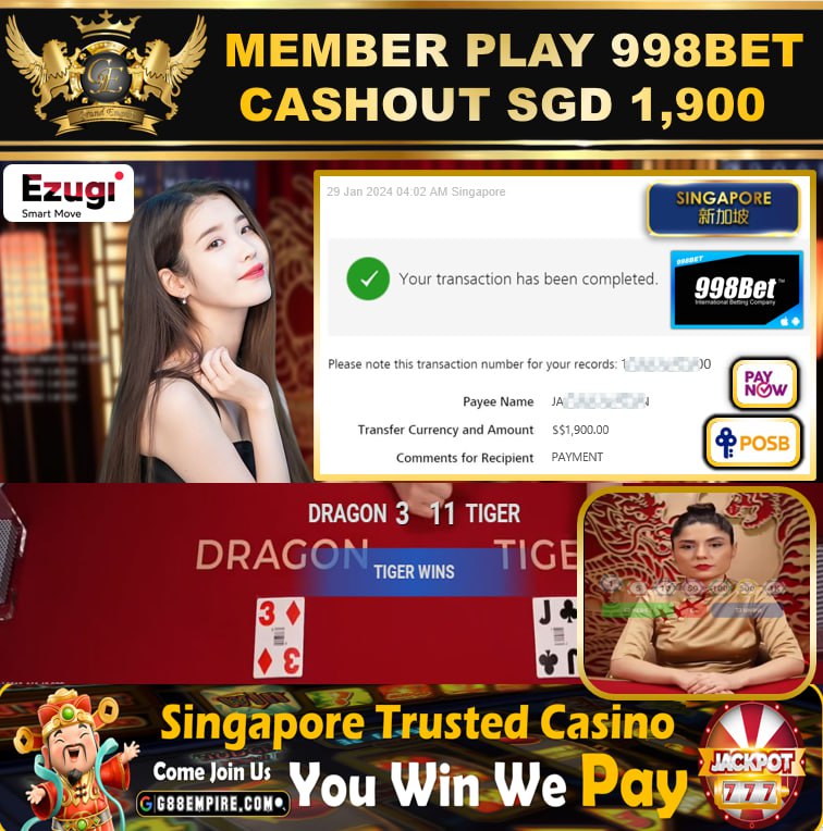 998BET - DRAGONTIGER CASHOUT SGD1,900 !!!