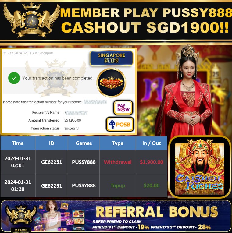 PUSSY888 - CHAISENRICHES CASHOUT SGD1,900 !!!