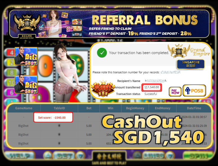 PUSSY888 -  BIGSHOT CASHOUT SGD 1,540 !!!