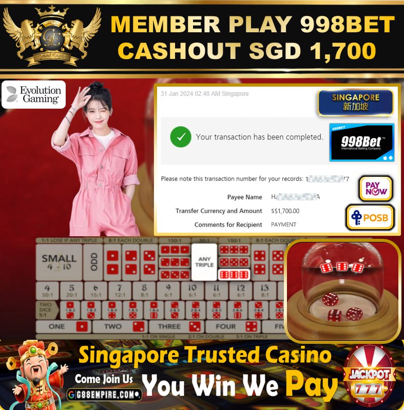 998BET - SICBO CASHOUT SGD1,700 !!!