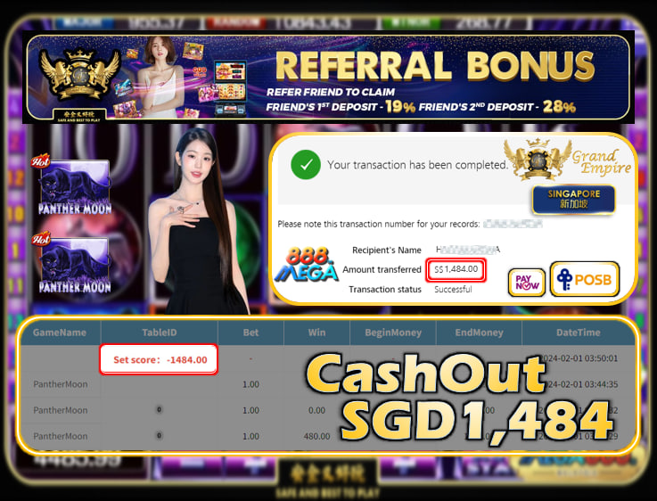 MEGA888 -  PANTHERMOON CASHOUT SGD 1,484 !!!