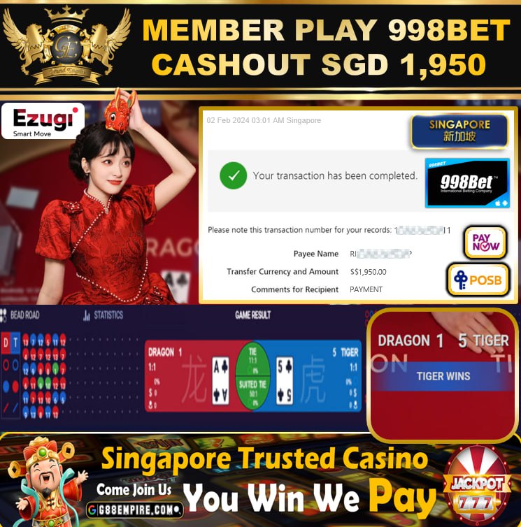 998BET - DRAGONTIGER CASHOUT SGD1,950 !!!