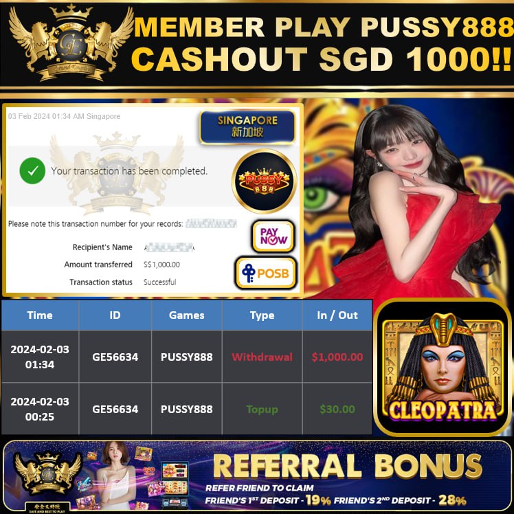 PUSSY888 -  CLEOPATRA  CASHOUT SGD 1000 !!!