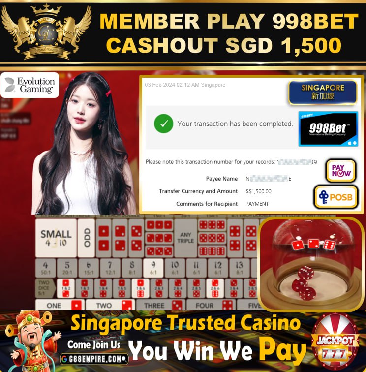 998BET -  SICBO  CASHOUT SGD 1500 !!!