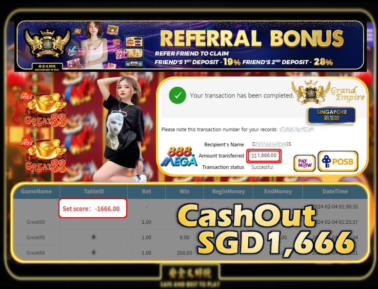 MEGA888 -  GREAT88 CASHOUT SGD 1,666 !!!