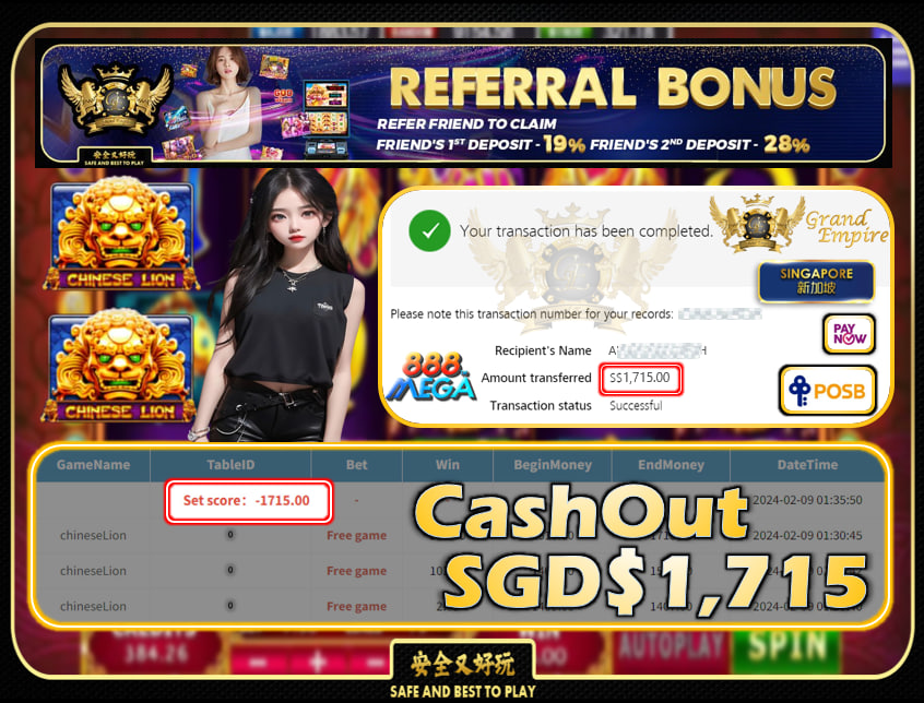 MEGA888 - CHINESELION CASHOUT SGD1,715 !!!