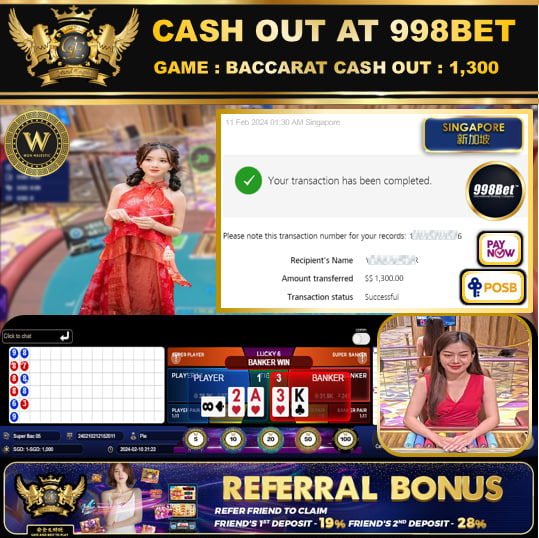 998BET - BACCARAT  CASHOUT SGD1,300 !!!