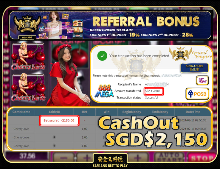 MEGA888 - CHERRYLOVE  CASHOUT SGD 2,150 !!!